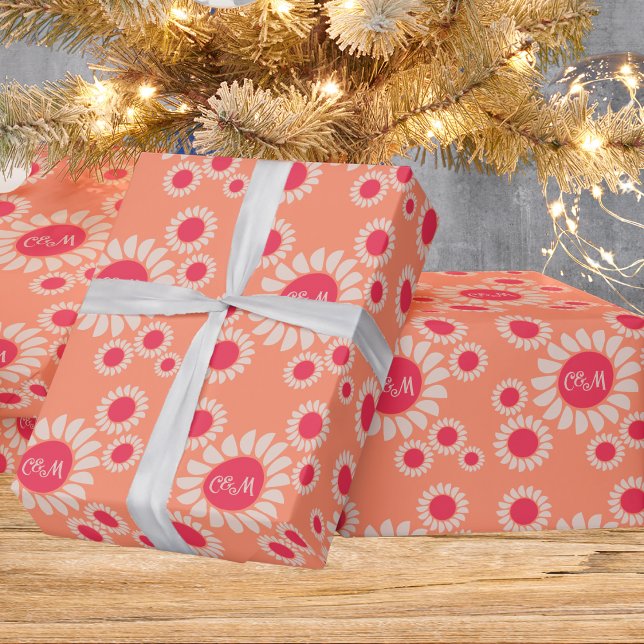 Retro Boho Daisy Floral Peach Wedding Monogram Wrapping Paper (Creator Uploaded)
