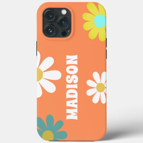 Retro Boho Daisy Orange Floral Personalized iPhone 13 Pro Max Case