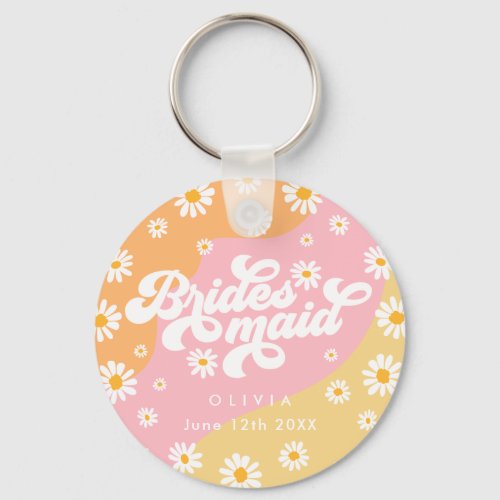 Retro Boho Daisy Personalized Bridesmaid Gift Keychain