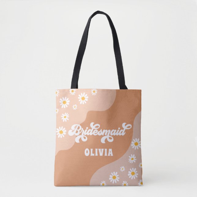 Retro Boho Daisy Personalized Bridesmaid Gift Tote Bag (Front)