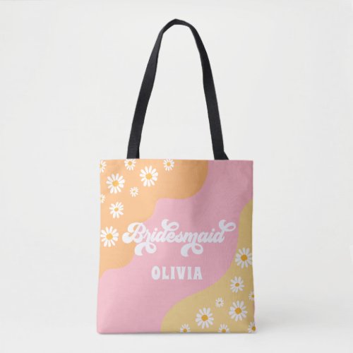 Retro Boho Daisy Personalized Bridesmaid Gift Tote Bag