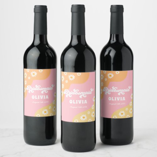 Retro Boho Daisy Personalized Bridesmaid Gift Wine Label