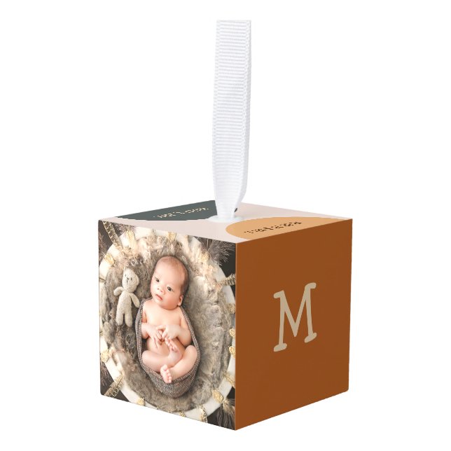Retro Boho Dots Neutral Monogram Cube Ornament (Front Angled)