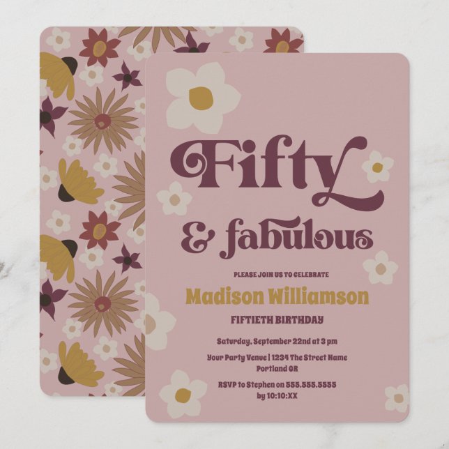 Retro Boho Dusty Pink 50 & Fabulous Birthday  Invitation (Front/Back)