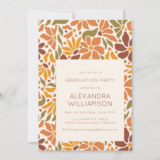 Retro Boho Earthy Botanical Graduation Party Invitation (Front)
