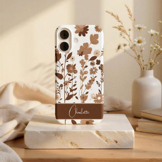 Retro Boho Earthy Floral Custom Name iPhone 16 Case