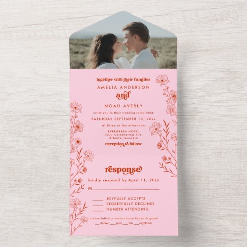 Retro Boho Floral All In One Wedding Invitation