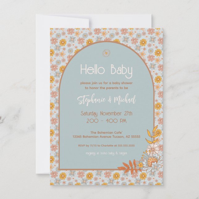 Retro Boho Floral Baby Shower Boy Invitation (Front)
