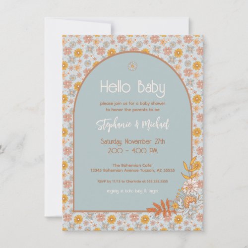 Retro Boho Floral Baby Shower Boy Invitation