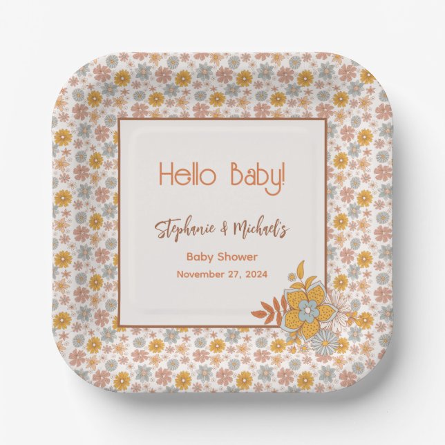 Retro Boho Floral Baby Shower Gender Neutral Paper Plates (Front)