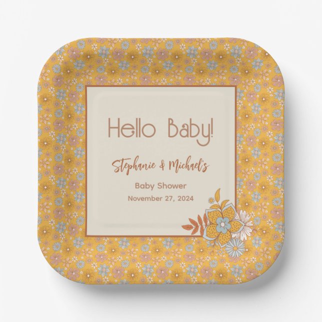Retro Boho Floral Baby Shower Gender Neutral Paper Plates (Front)