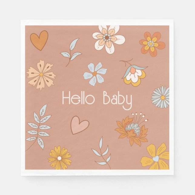 Retro Boho Floral Baby Shower Hello Baby Tableware Napkins (Front)