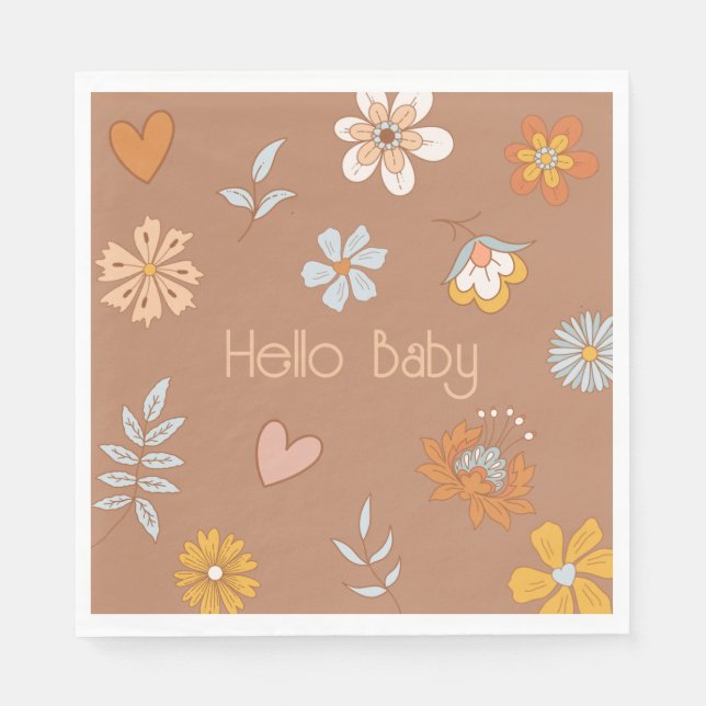 Retro Boho Floral Baby Shower Hello Baby Tableware Napkins (Front)