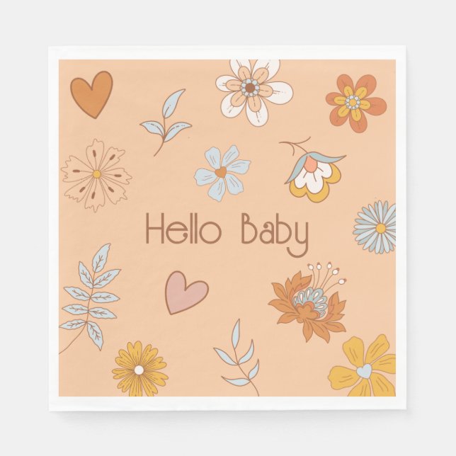 Retro Boho Floral Baby Shower Hello Baby Tableware Napkins (Front)