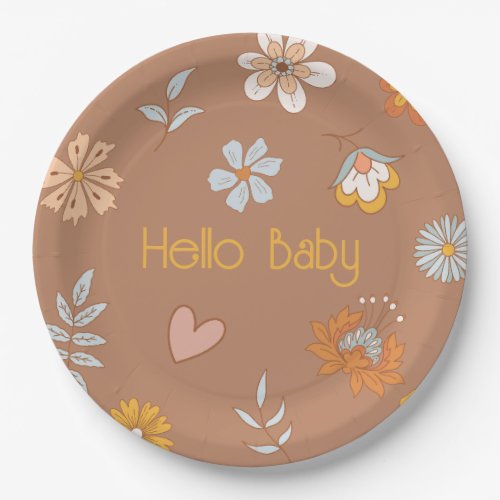 Retro Boho Floral Baby Shower Hello Baby Tableware Paper Plates