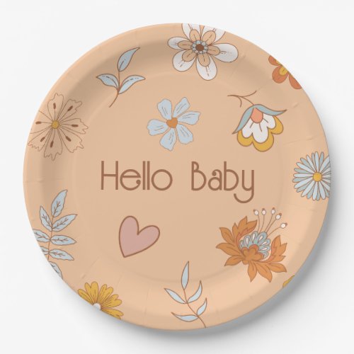 Retro Boho Floral Baby Shower Hello Baby Tableware Paper Plates