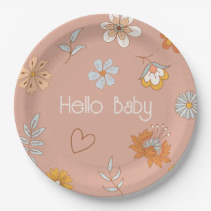 Retro Boho Floral Baby Shower Hello Baby Tableware Paper Plates