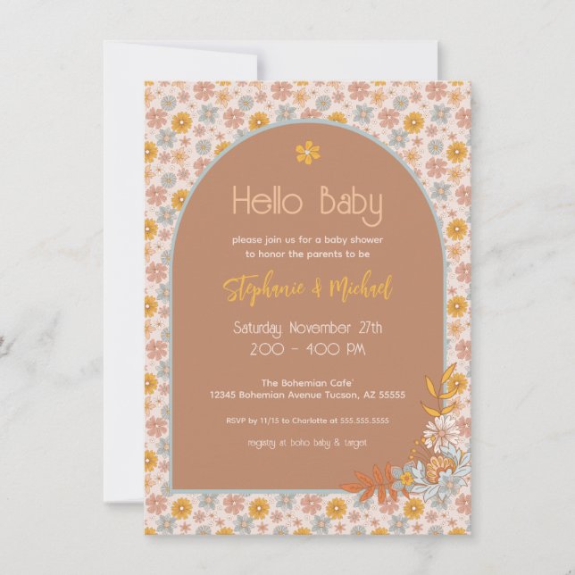 Retro Boho Floral Baby Shower Invitation (Front)