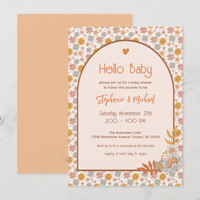 Retro Boho Floral Baby Shower Invitation (Front/Back)