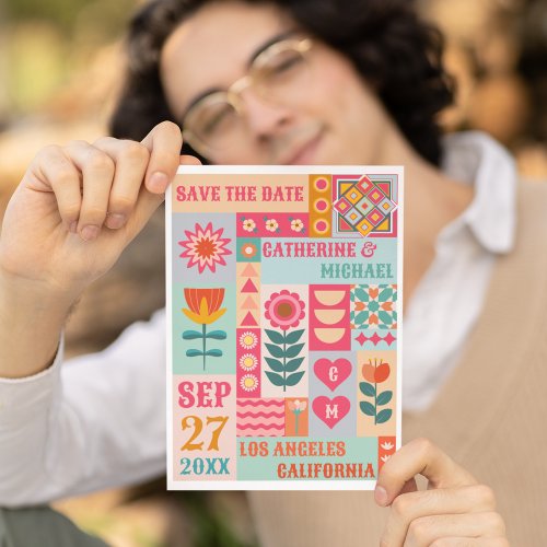 Retro Boho Floral Bold  Bright QR Code Wedding Save The Date