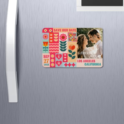 Retro Boho Floral Bold  Bright Save The Date Magnet