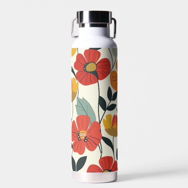 Retro Boho Floral Botanical Flowers Pattern Water Bottle (Front)