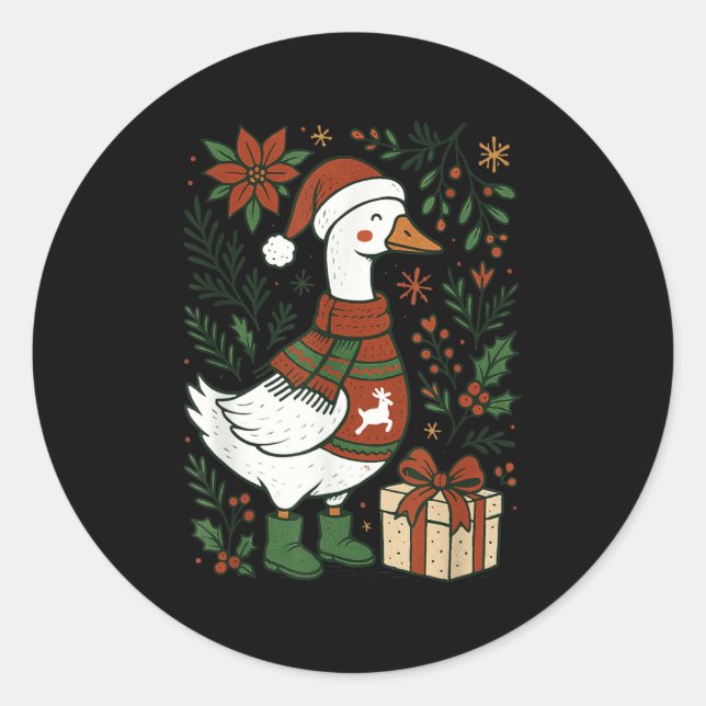Retro Boho Floral Funny Xmas Silly Goose Lover Chr Classic Round Sticker (Front)