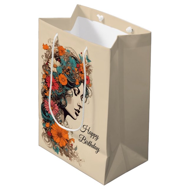 Retro Boho Floral Girl Birthday Gift Bag (Front Angled)