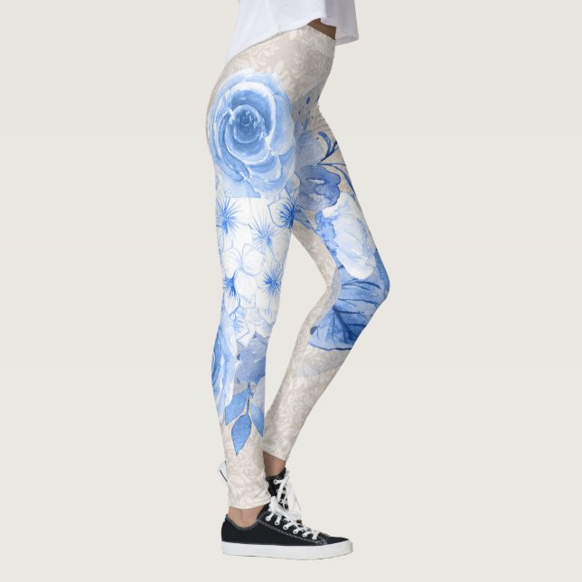 Retro Boho Floral Leggings for Women Blue Flowers (Right)