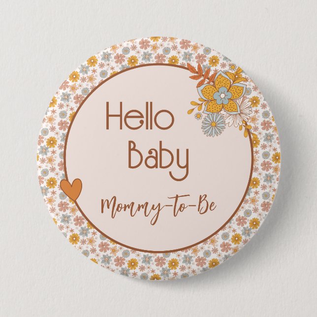 Retro Boho Floral Mommy to Be Baby Shower Button (Front)