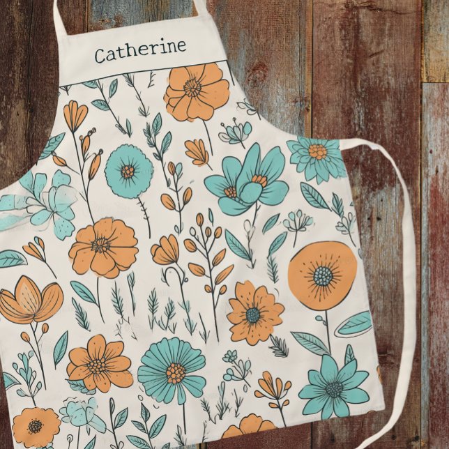 Retro Boho Floral Pastel Name Apron (Creator Uploaded)