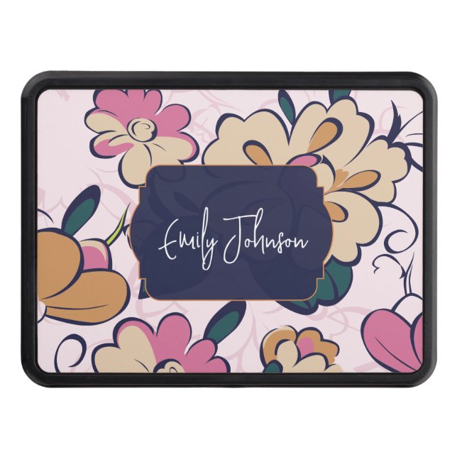 Retro Boho Floral Pattern Custom Name Hitch Cover (Front)