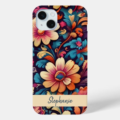Retro Boho Floral Pattern Personalized iPhone 15 Plus Case