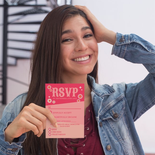 Retro Boho Floral Pink and Peach Spring Wedding RSVP Card (Creator Uploaded)