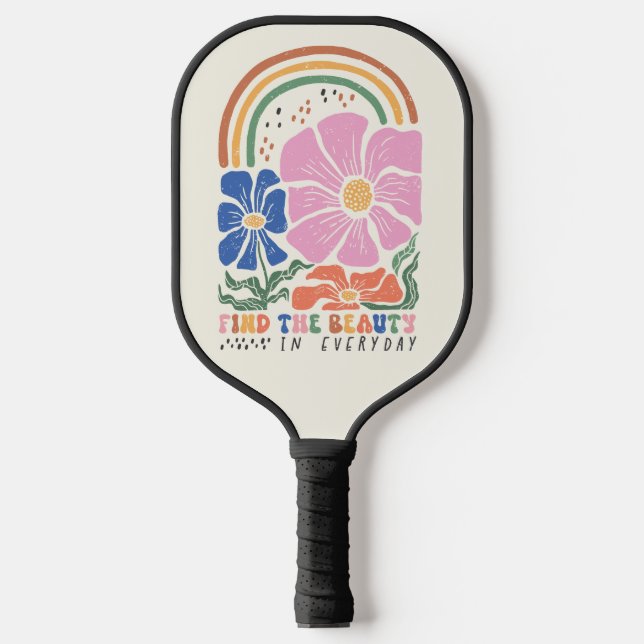 Retro Boho Floral Rainbow Inspiration Quote Pickleball Paddle (Front)