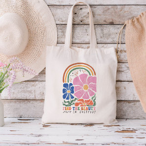 Retro Boho Floral Rainbow Inspiration Quote Tote Bag