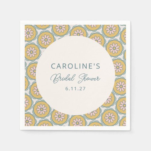 Retro Boho Floral Yellow Custom Bridal Shower Napkins