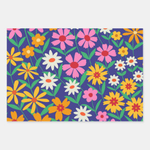 Retro boho flowers garden on navy blue  wrapping paper sheets