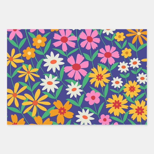 Retro boho flowers garden on navy blue  wrapping paper sheets (Front 2)