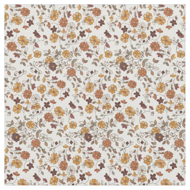 Retro Boho Flowers Mediterranean Pattern Fabric (Close Up)