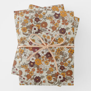 Retro Boho Flowers Pattern Wrapping Paper Sheets