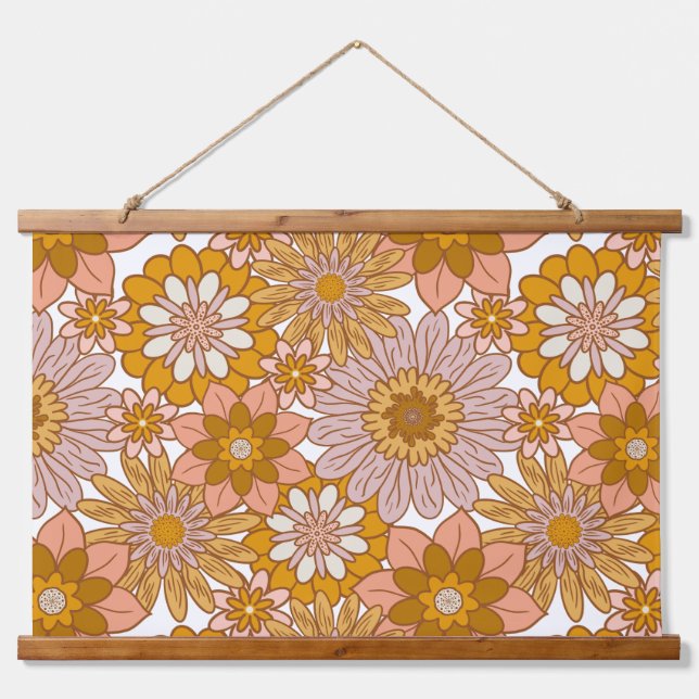 Retro Boho Flowers Wood Top Wall Tapestry (Front)