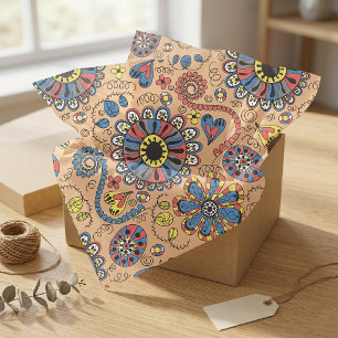 Retro Boho Folk Art Floral and Hearts Pattern Tissue Paper