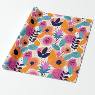 Retro Boho Folk Art Style Whimsical Floral Gift Wrapping Paper