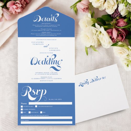 Retro boho french blue elegant script chic wedding all in one invitation