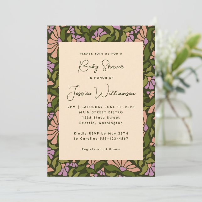 Retro Boho Green Botanical Groovy Baby Shower Invitation (Standing Front)