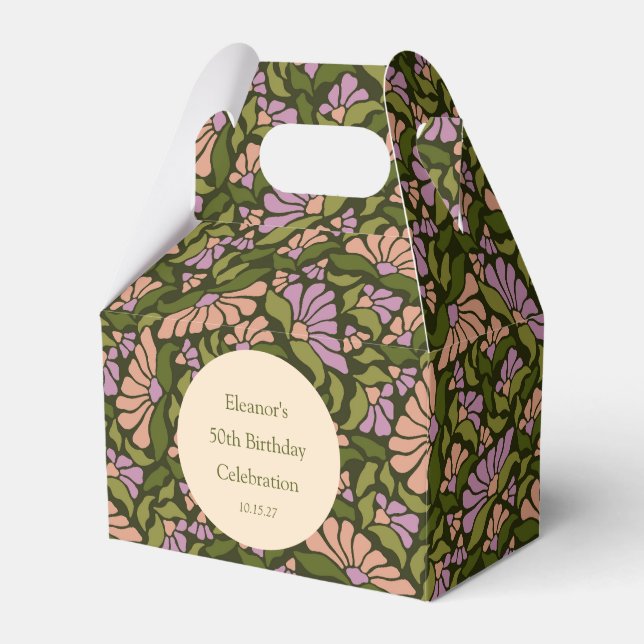 Retro Boho Green Cute Floral Custom 50th Birthday Favor Boxes (Front Side)