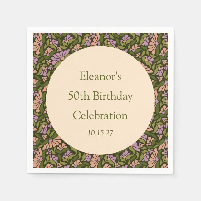Retro Boho Green Cute Floral Custom 50th Birthday Napkins (Front)
