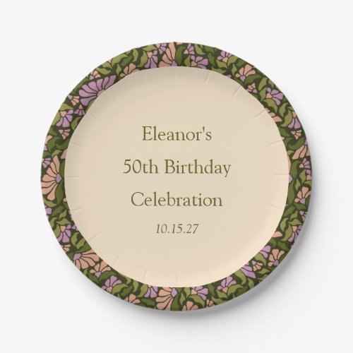 Retro Boho Green Cute Floral Custom 50th Birthday Paper Plates