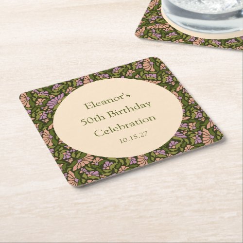 Retro Boho Green Cute Floral Custom 50th Birthday Square Paper Coaster